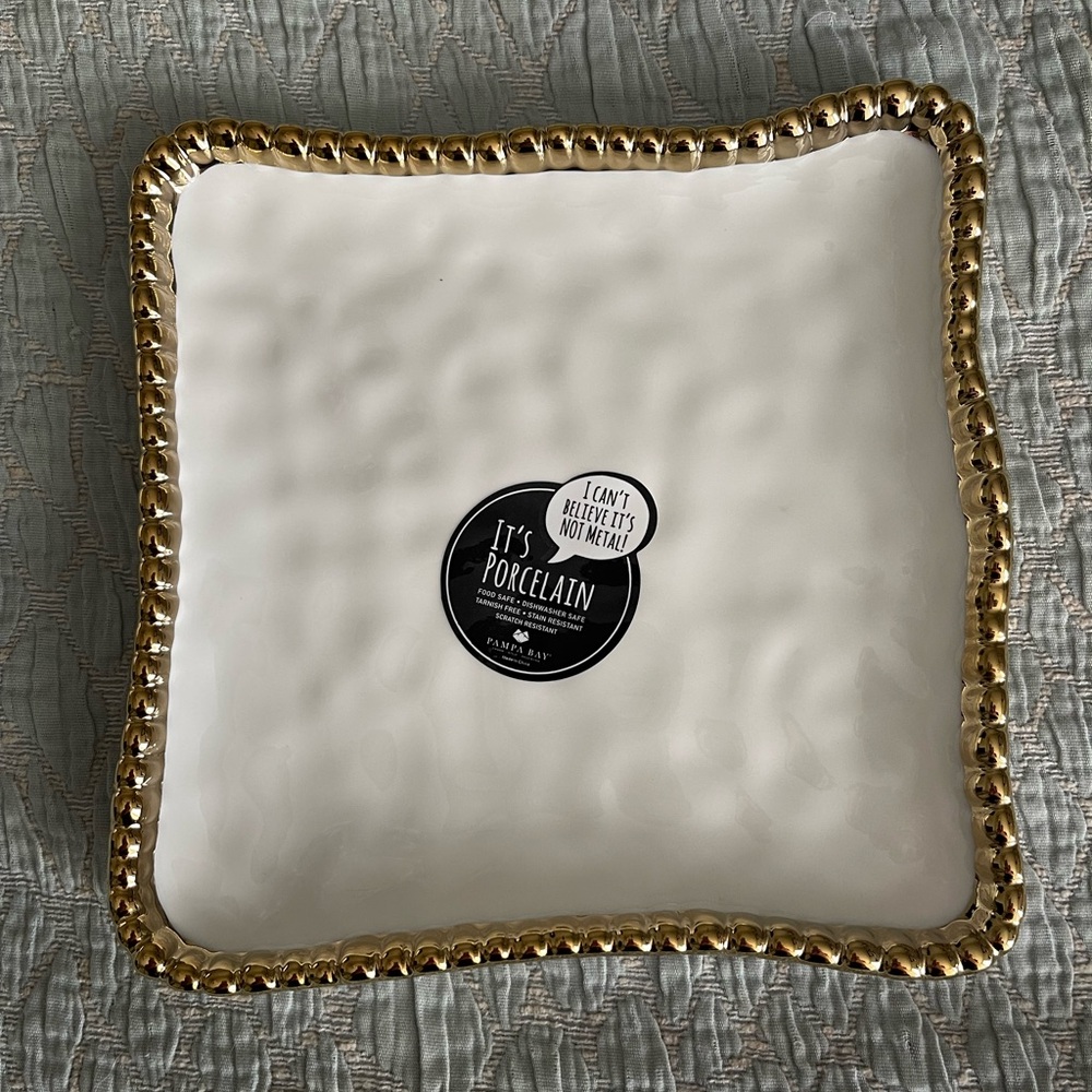 NEW 6.5” SQUARE PORCELAIN SERVING PLATE/DISH W/ GOLD BEADED TRIM - BOWL SEPERATE